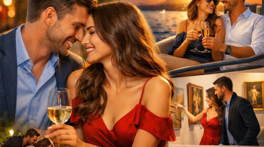 Elegant escort date on a private Amsterdam canal cruise at dusk